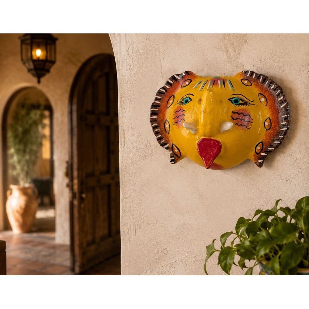 Vintage Mexican Folk Art Ceramic Mask Hand Painted Yellow Animal Wall Decor 5.5"